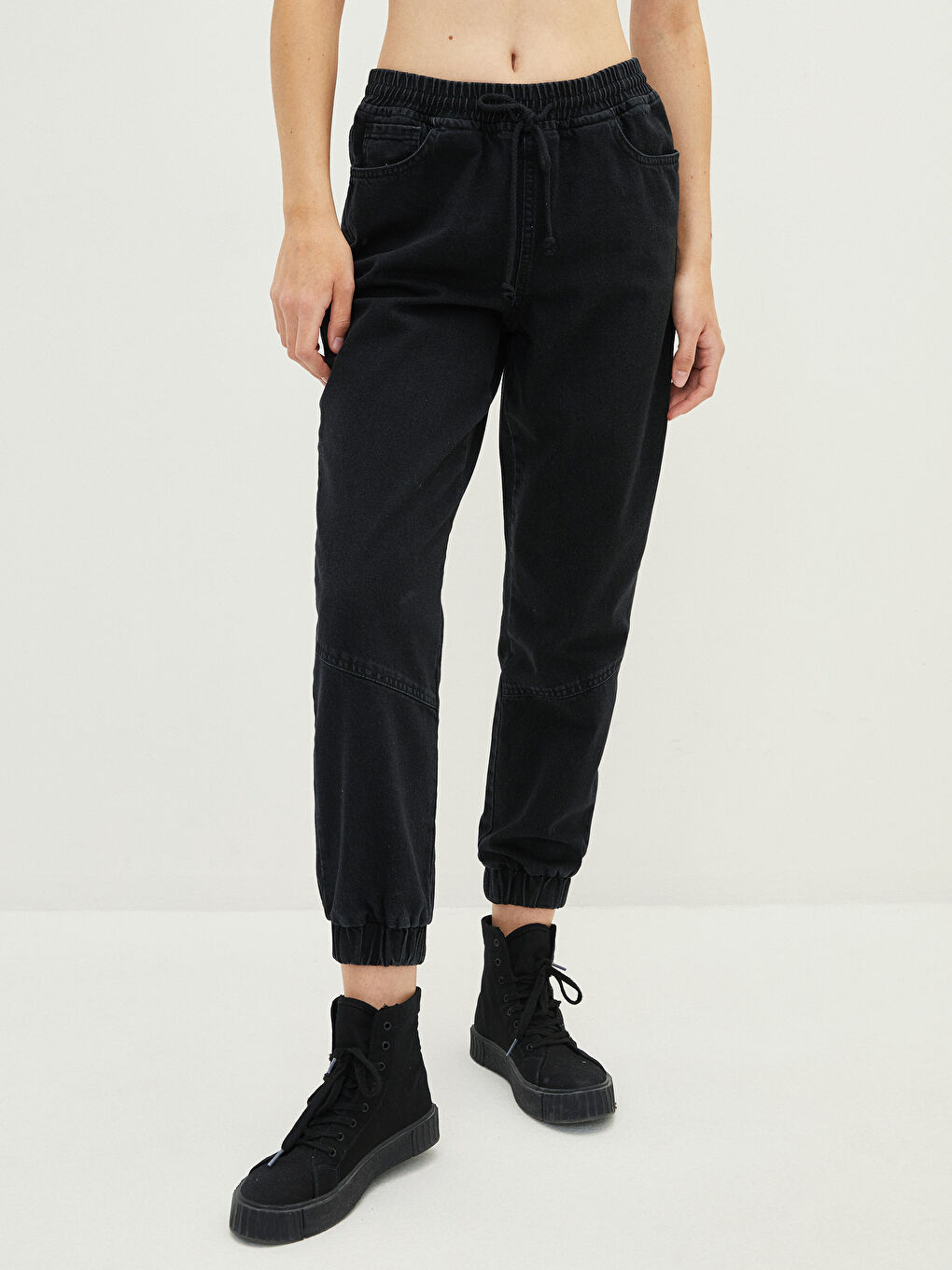 Siyah Yüksek Bel Jogger Kadın Jean Pantolon-2