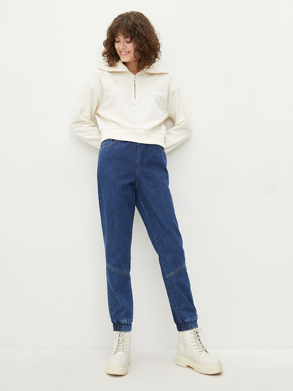 İndigo Yüksek Bel Jogger Kadın Jean Pantolon-1