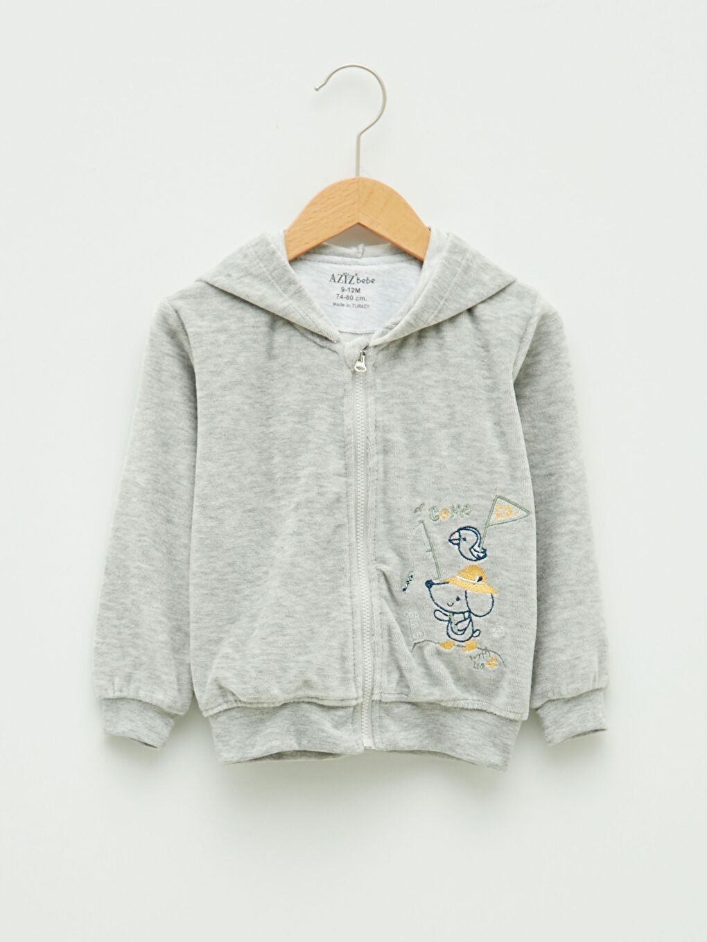 Hanorac cu fermoar din catifea cu detalii brodate, cu glugă și mânecă lungă pentru bebeluși băieți