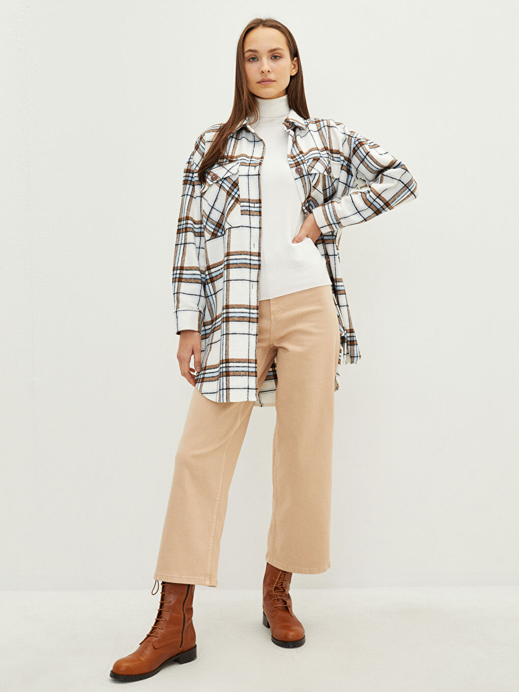 Mavi Ekose Uzun Kollu Oversize Gabardin Kadın Gömlek Tunik