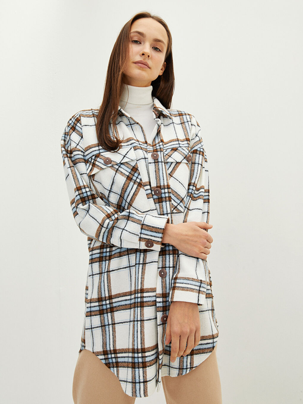 Mavi Ekose Uzun Kollu Oversize Gabardin Kadın Gömlek Tunik-1