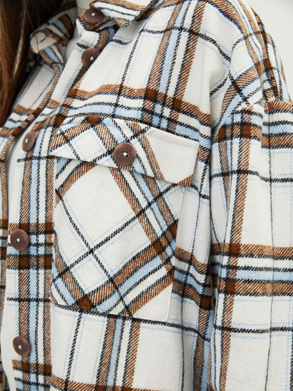 Mavi Ekose Uzun Kollu Oversize Gabardin Kadın Gömlek Tunik-2