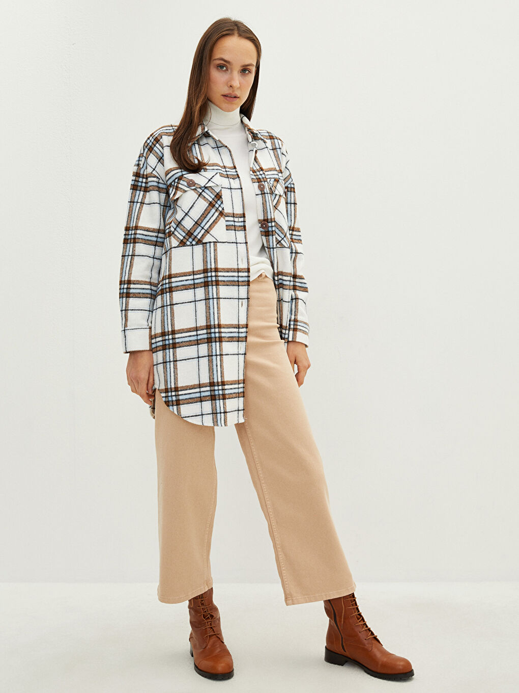 Mavi Ekose Uzun Kollu Oversize Gabardin Kadın Gömlek Tunik-3