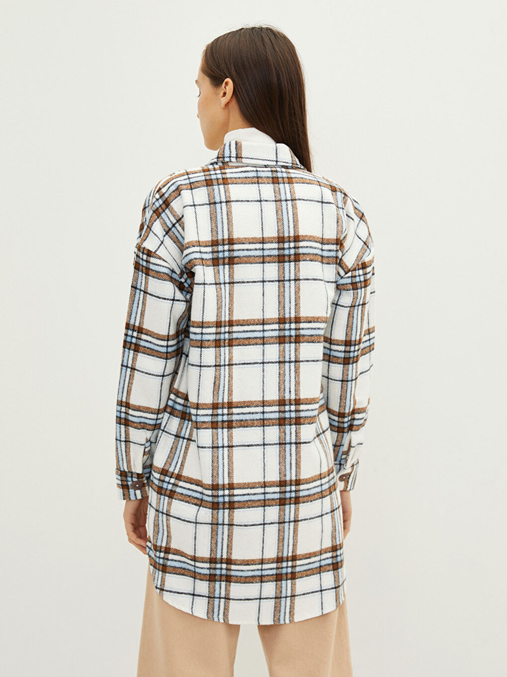 Mavi Ekose Uzun Kollu Oversize Gabardin Kadın Gömlek Tunik-4