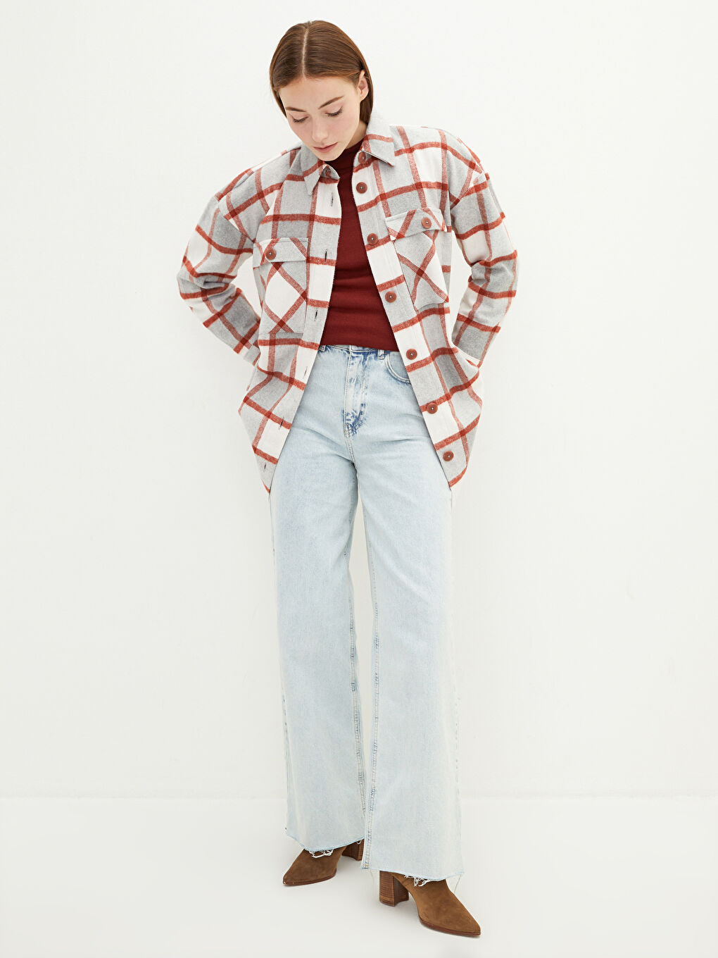 Plaid Long Sleeve Oversize Gabardine Women's Shirt Tunic-1