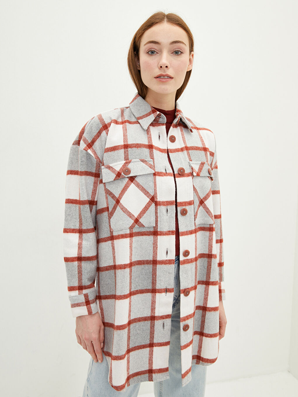Plaid Long Sleeve Oversize Gabardine Women's Shirt Tunic-3