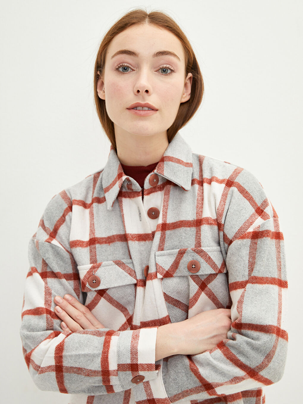 Plaid Long Sleeve Oversize Gabardine Women's Shirt Tunic-5