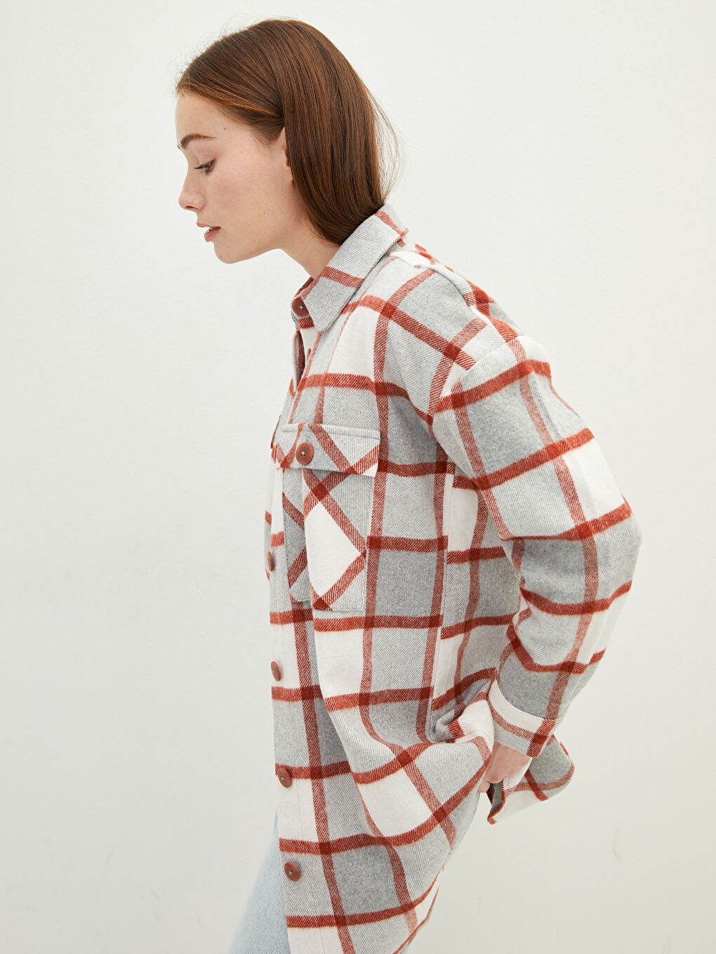 Plaid Long Sleeve Oversize Gabardine Women's Shirt Tunic-7