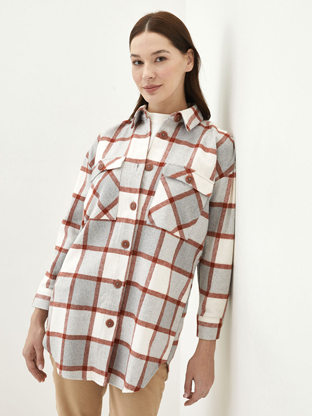 Plaid Long Sleeve Oversize Gabardine Women's Shirt Tunic