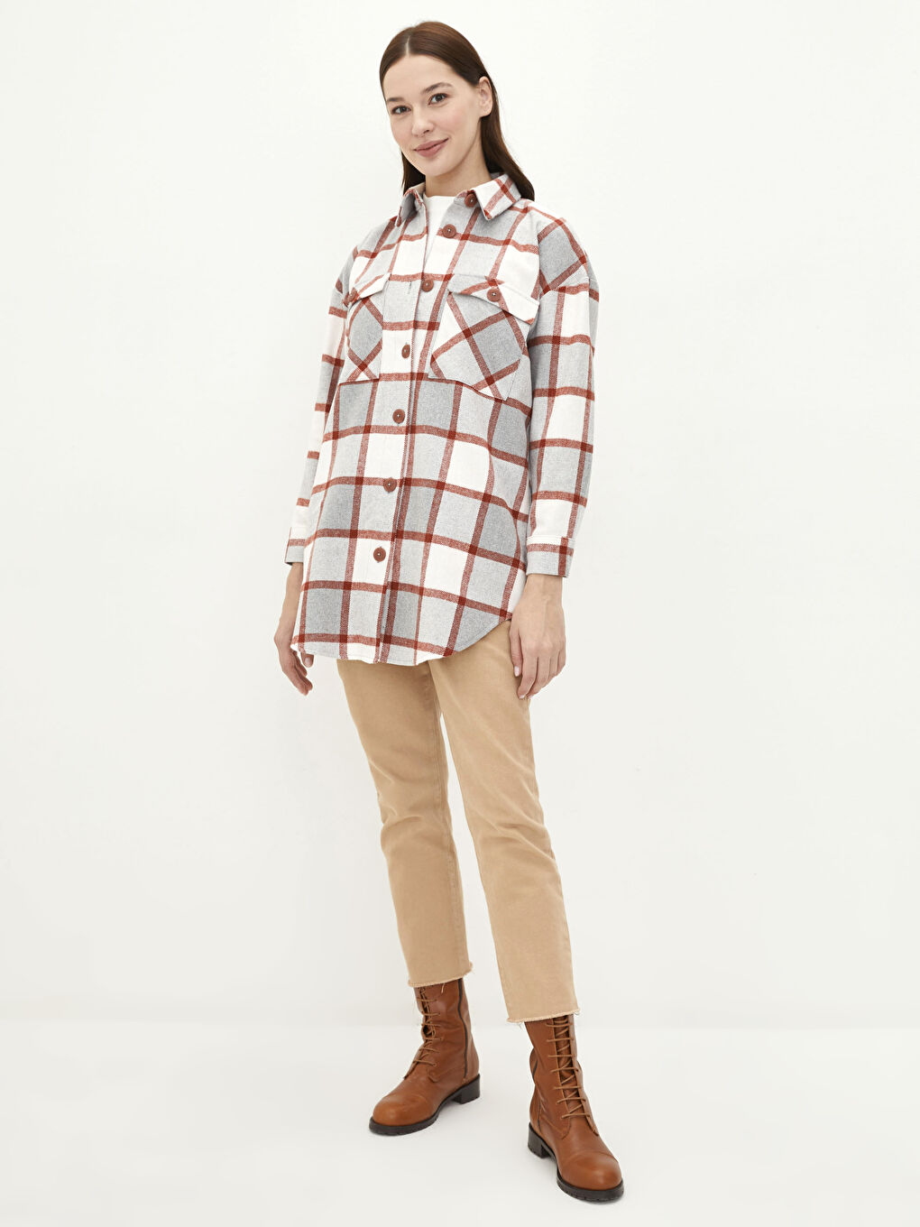 Plaid Long Sleeve Oversize Gabardine Women's Shirt Tunic-2