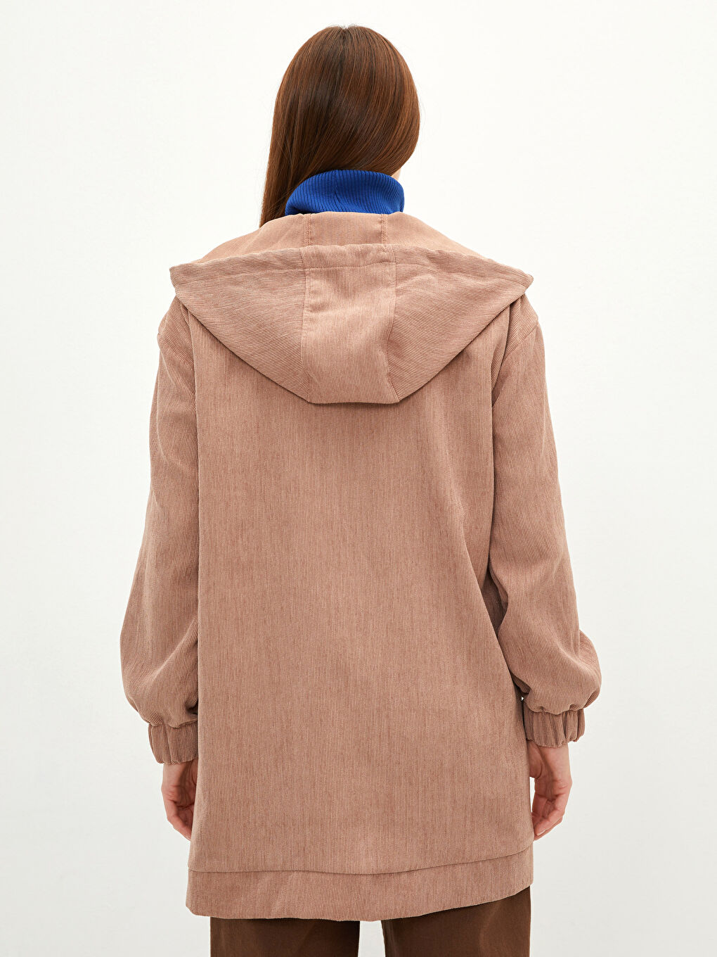 Kahverengi LCW MODEST Kapüşonlu Düz Uzun Kollu Kadife Kadın Tunik-4