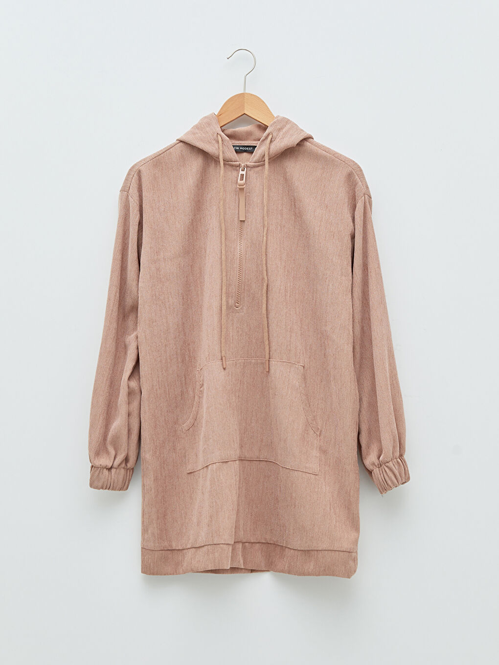 Kahverengi LCW MODEST Kapüşonlu Düz Uzun Kollu Kadife Kadın Tunik-5