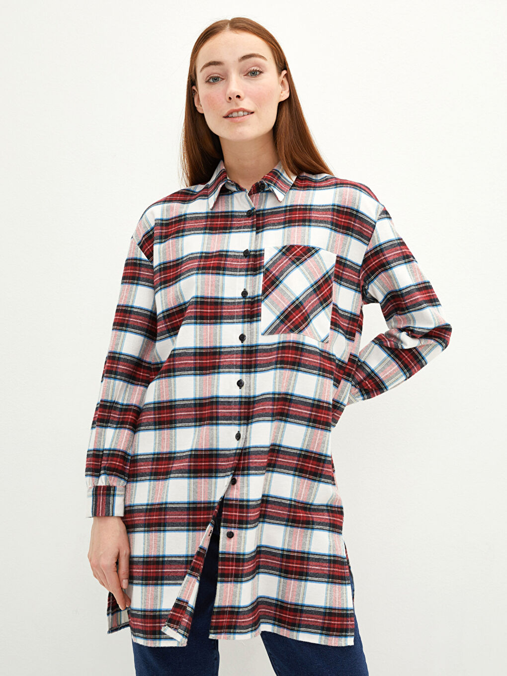 Kırmızı Ekose Uzun Kollu Oversize Kadın Gömlek Tunik