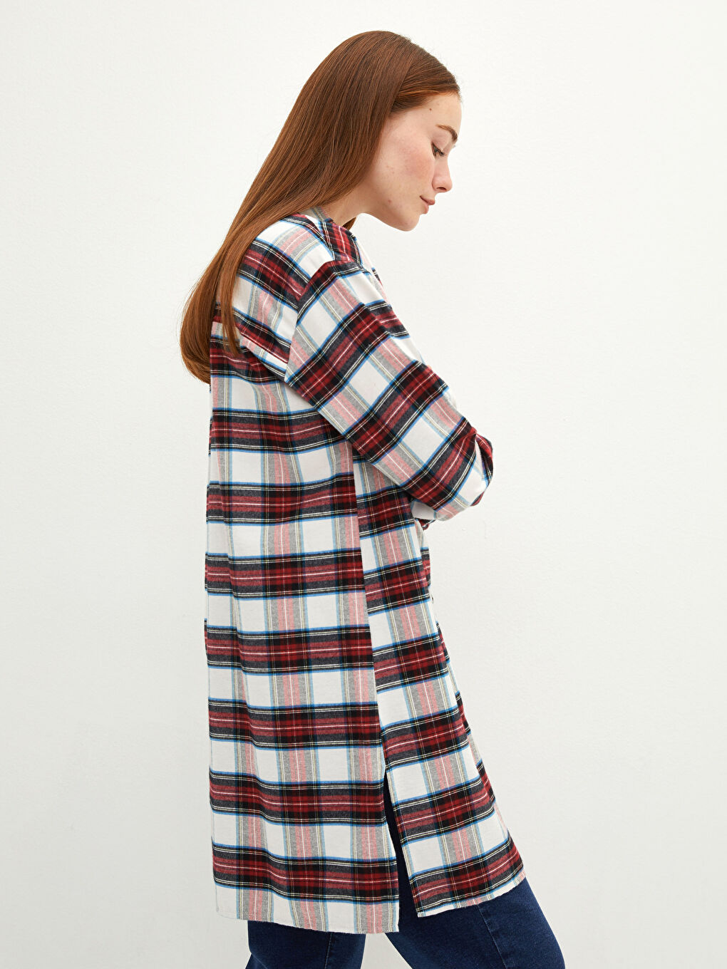 Kırmızı Ekose Uzun Kollu Oversize Kadın Gömlek Tunik-1