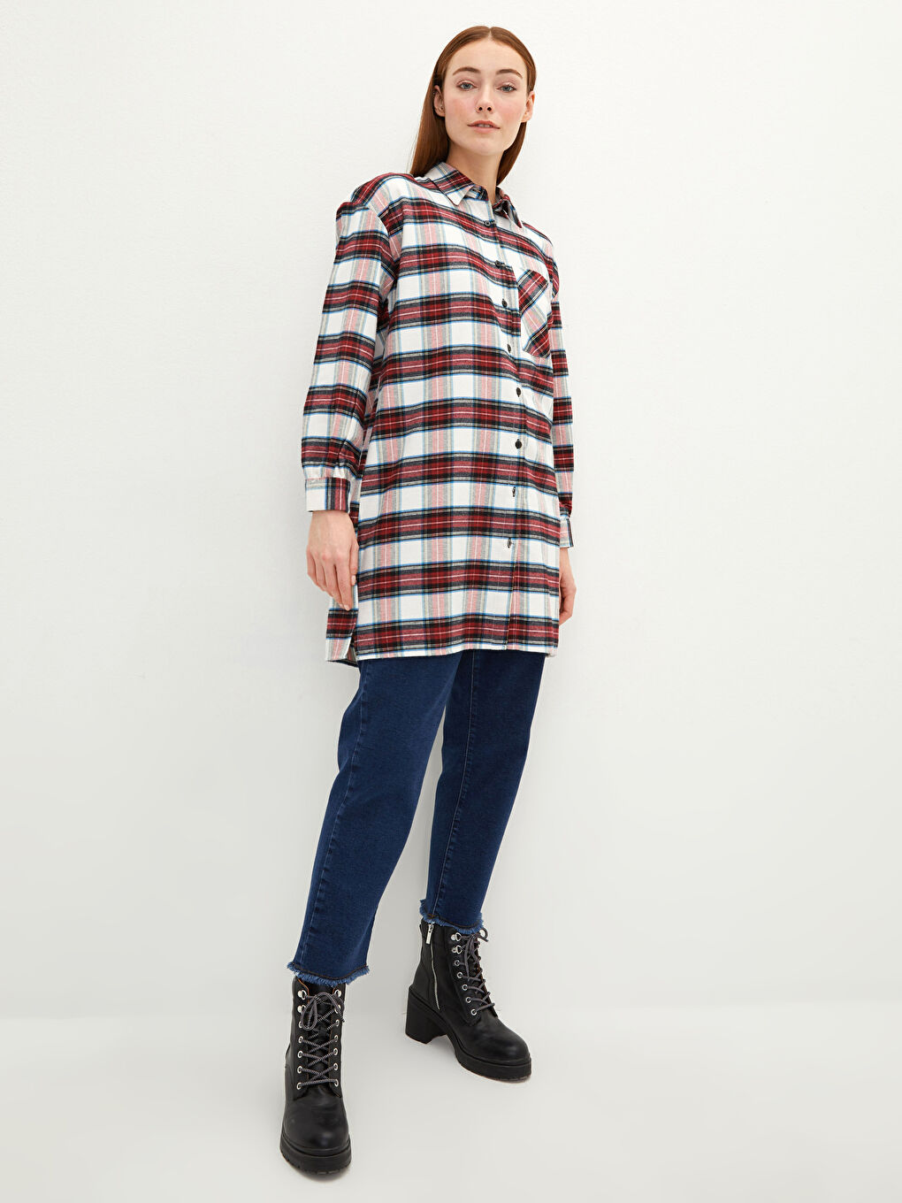 Kırmızı Ekose Uzun Kollu Oversize Kadın Gömlek Tunik-2