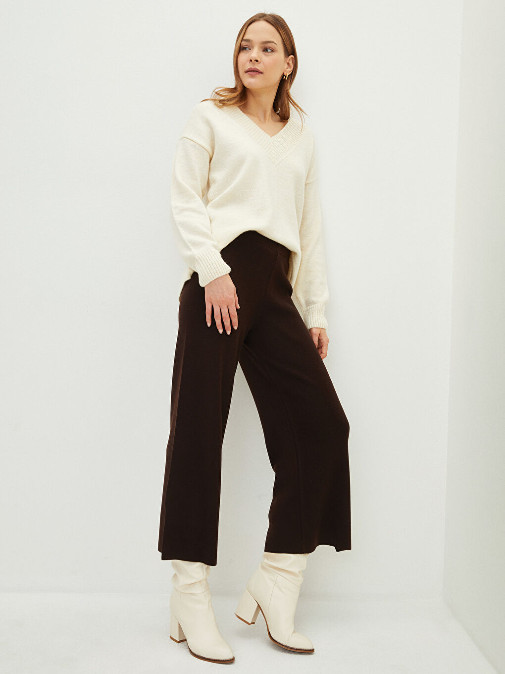 Kahverengi Kadın Beli Lastikli Düz Triko Pantolon