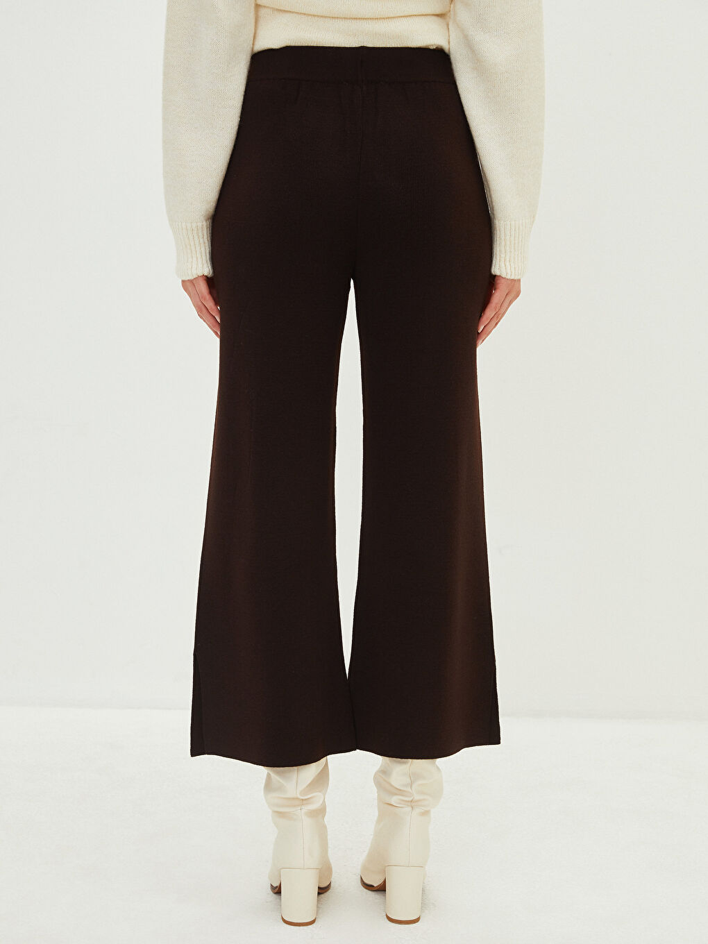 Kahverengi Kadın Beli Lastikli Düz Triko Pantolon-2