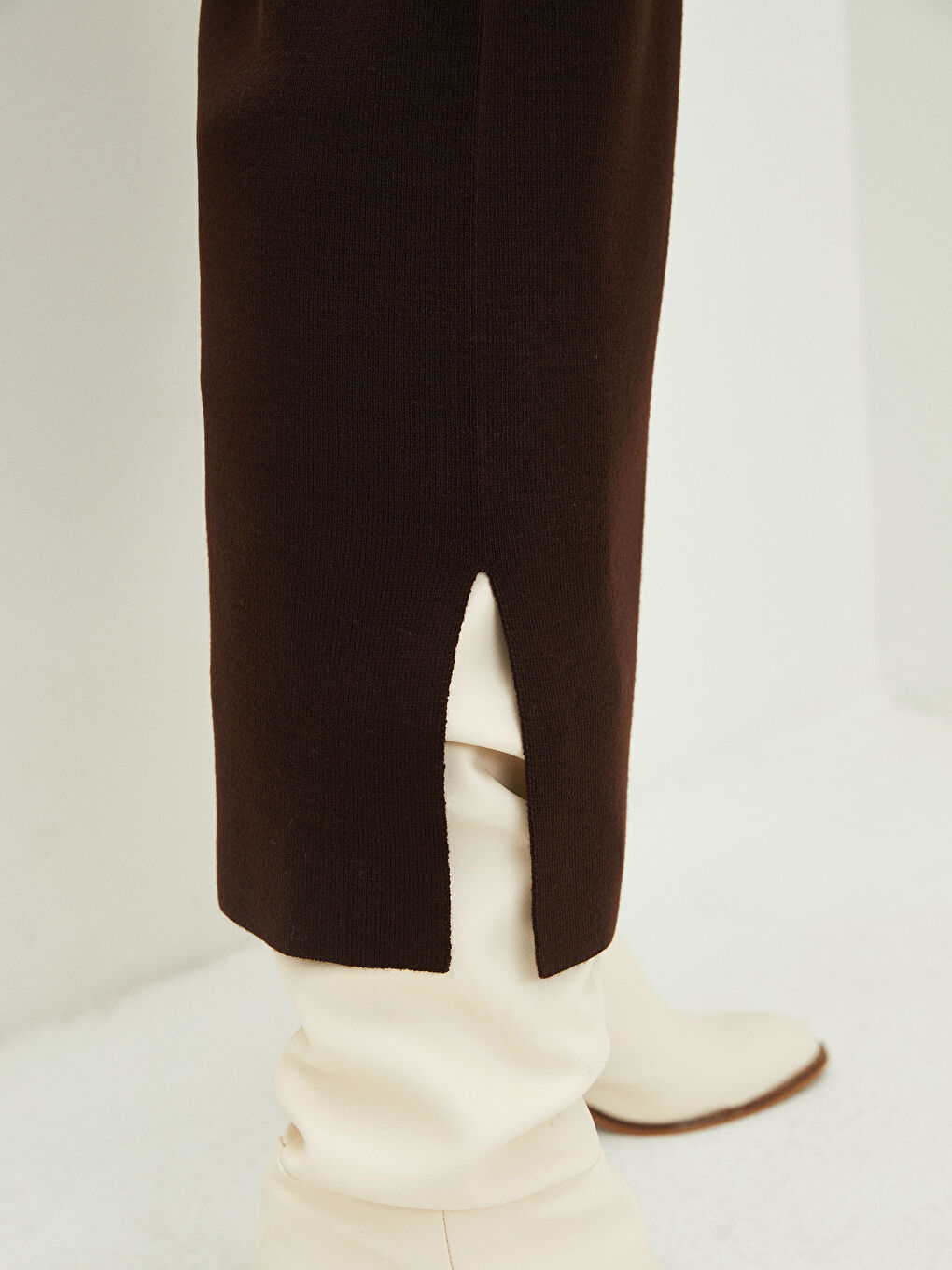 Kahverengi Kadın Beli Lastikli Düz Triko Pantolon-3