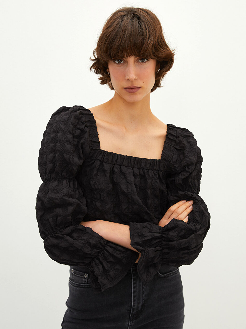 LCW Vision Quadratischer Kragen Selbstgemustert Langarm Bluse für Damen -W1KG63Z8-CVL