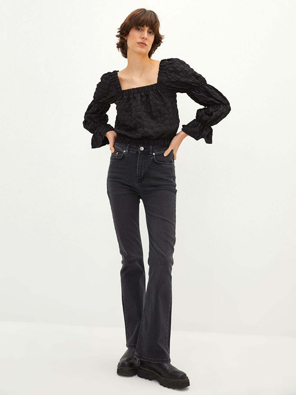 LCW Vision Quadratischer Kragen Selbstgemustert Langarm Bluse für Damen -W1KG63Z8-CVL