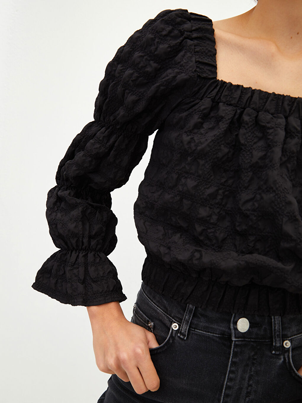 LCW Vision Quadratischer Kragen Selbstgemustert Langarm Bluse für Damen -W1KG63Z8-CVL