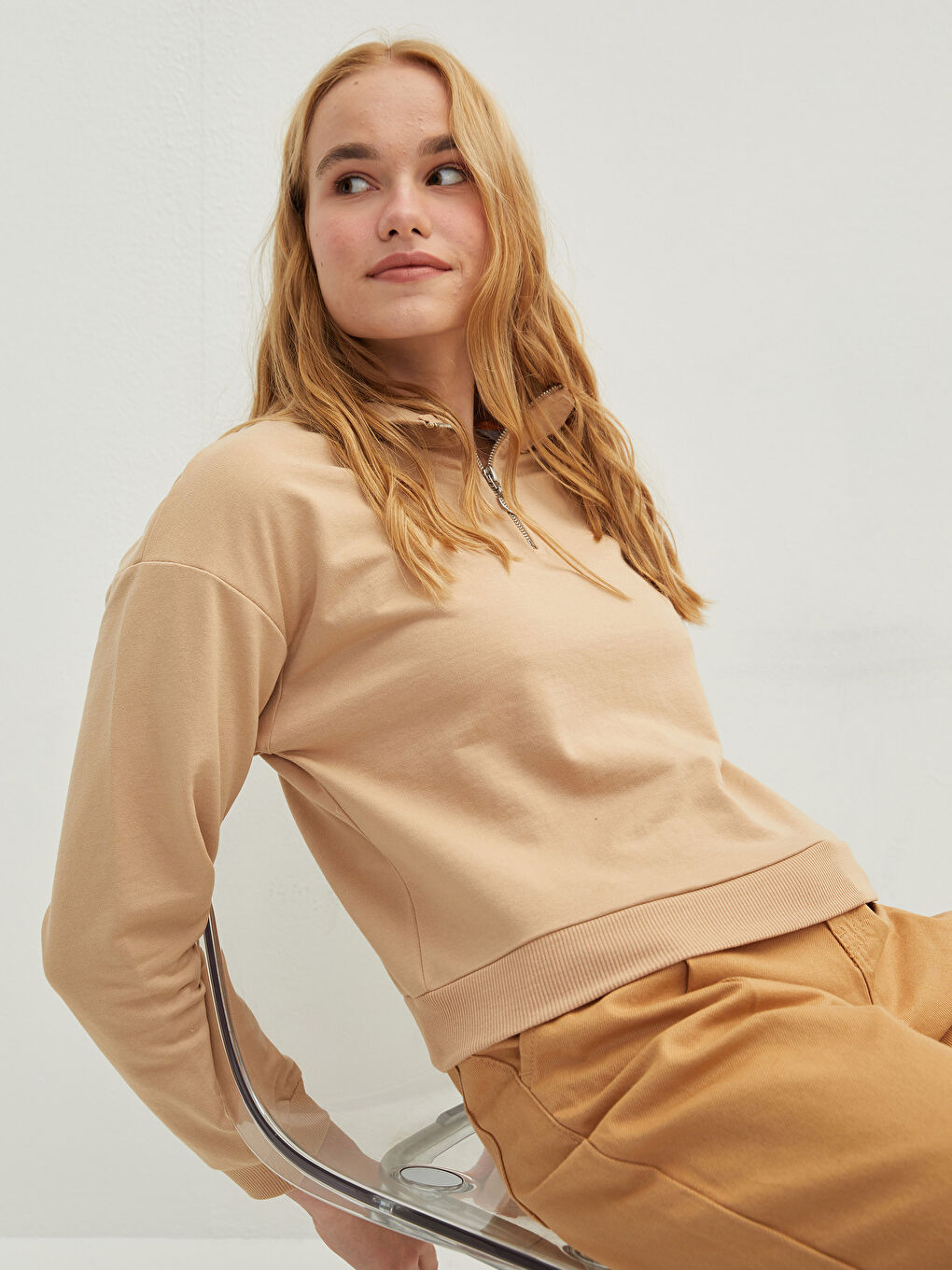 Hanorac Femei cu Guler Tip Pâlnie Simplu și Mânecă Lungă-1