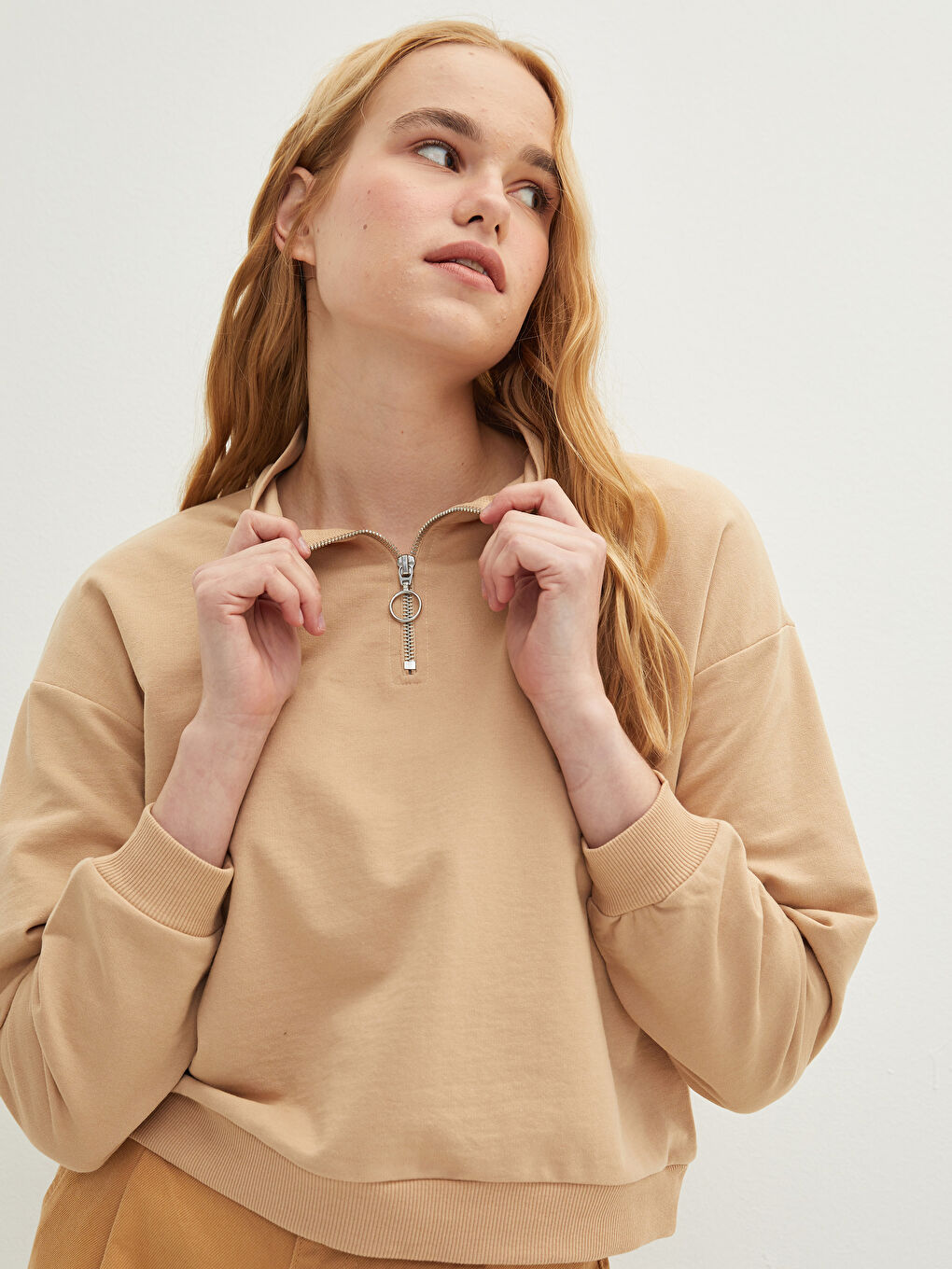 Hanorac Femei cu Guler Tip Pâlnie Simplu și Mânecă Lungă-2