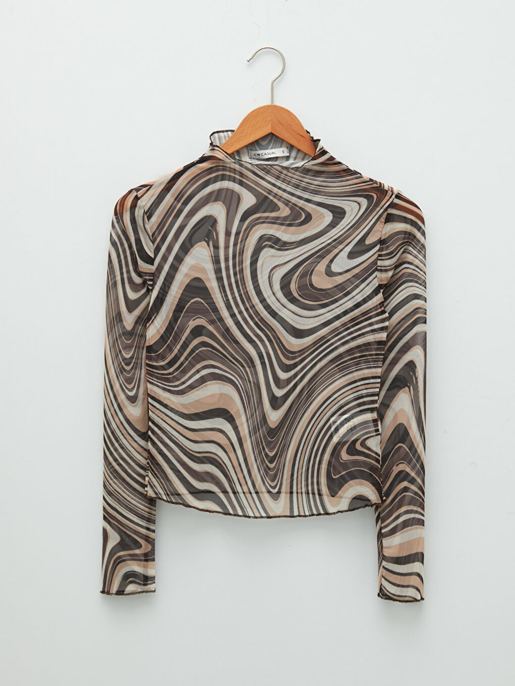 Kahverengi Dik Yaka Desenli Uzun Kollu Kadın Tişört-5