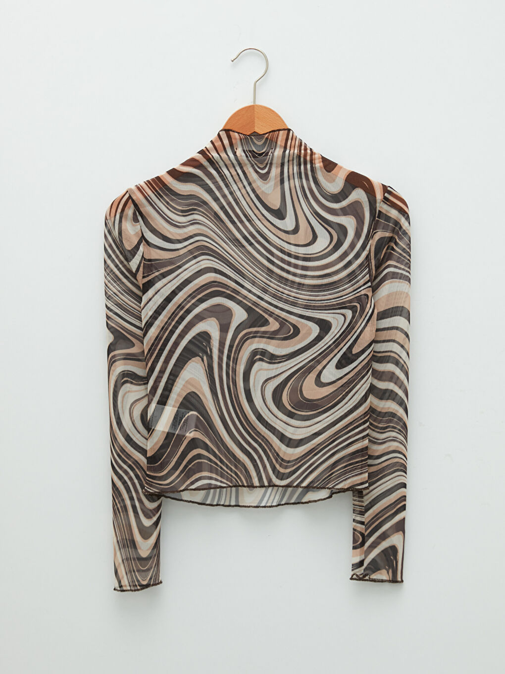 Kahverengi Dik Yaka Desenli Uzun Kollu Kadın Tişört-6