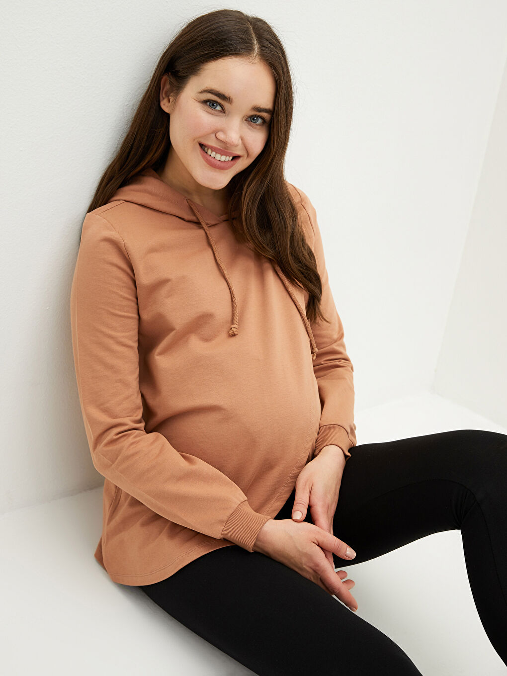 Kahverengi Düz Uzun Kollu Emzirme Özellikli Hamile Hoodie