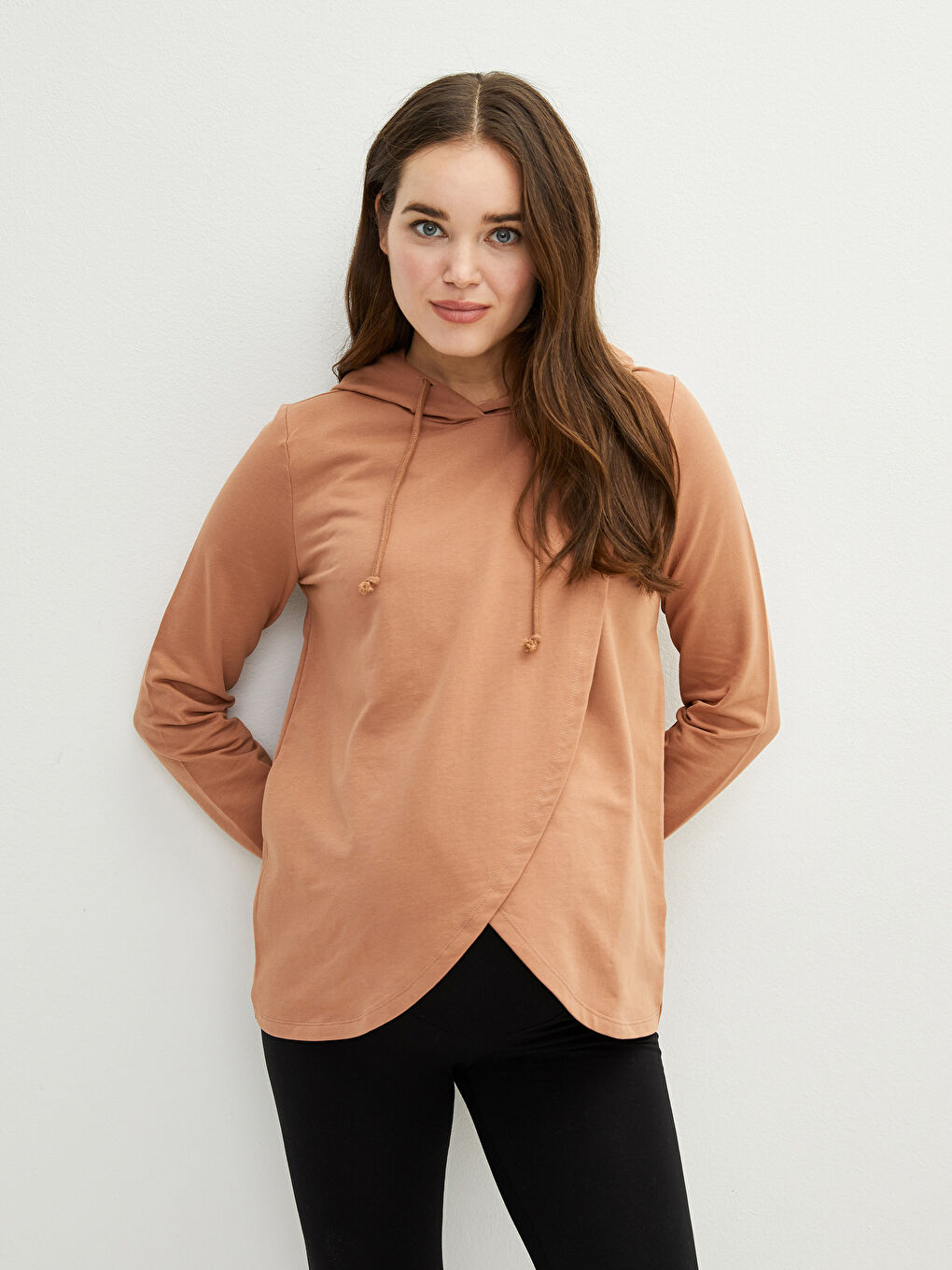 Kahverengi Düz Uzun Kollu Emzirme Özellikli Hamile Hoodie-2