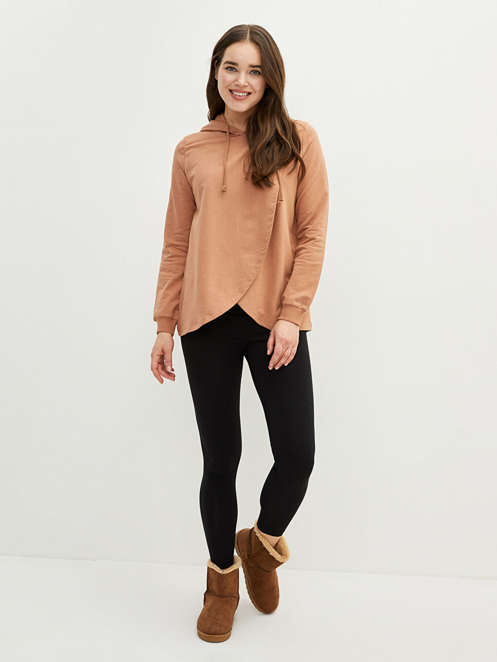 Kahverengi Düz Uzun Kollu Emzirme Özellikli Hamile Hoodie-3