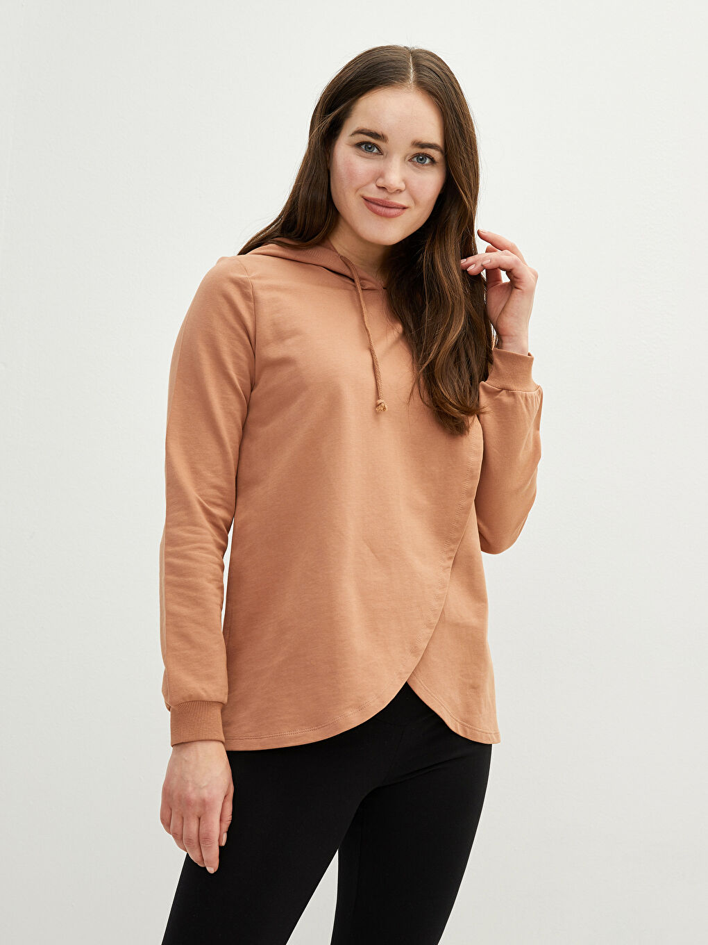 Kahverengi Düz Uzun Kollu Emzirme Özellikli Hamile Hoodie-4