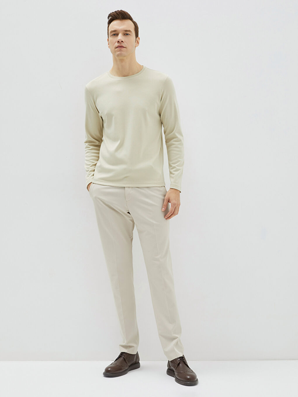 Ekru Bisiklet Yaka Uzun Kollu Basic Erkek Tişört-2