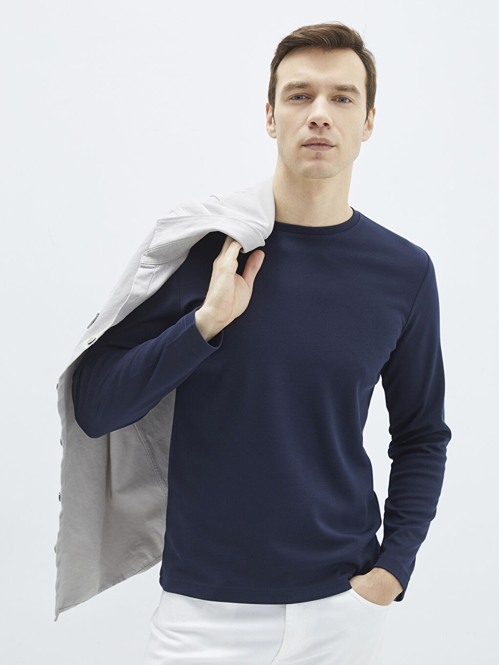 Lacivert Bisiklet Yaka Uzun Kollu Basic Erkek Tişört