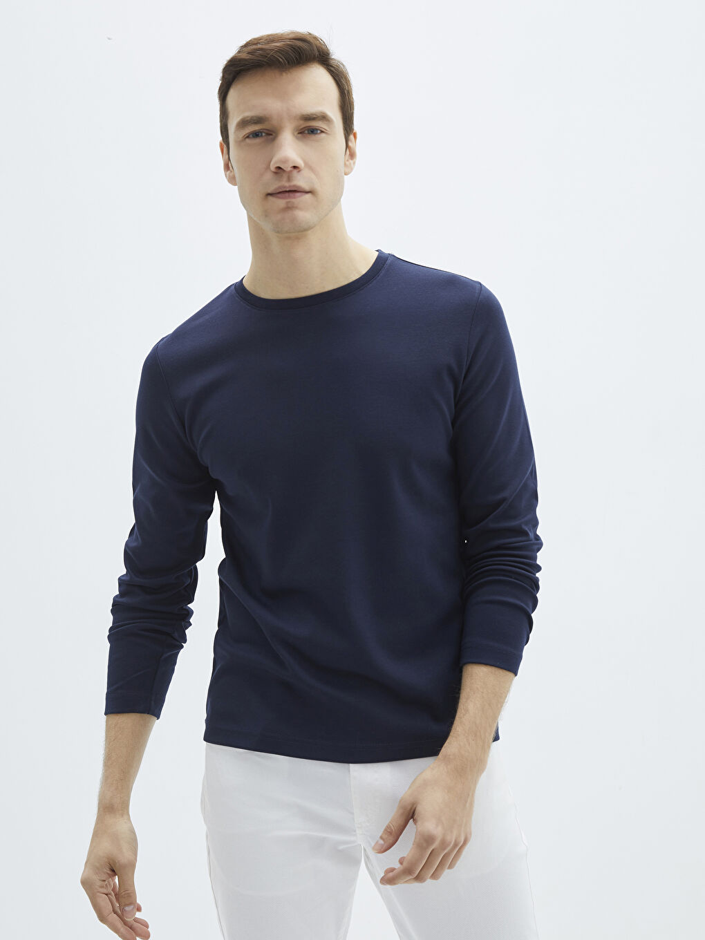 Lacivert Bisiklet Yaka Uzun Kollu Basic Erkek Tişört-1