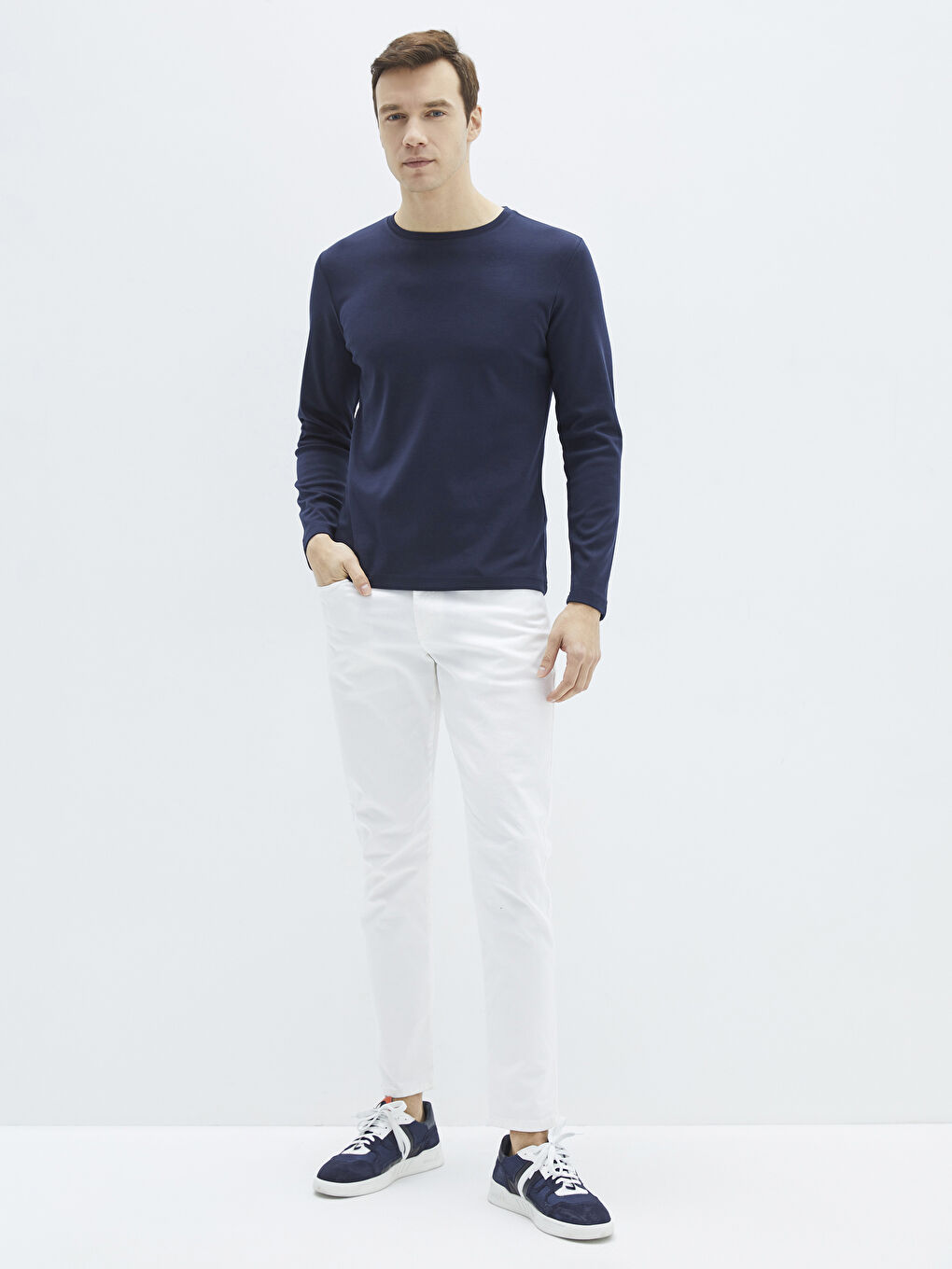 Lacivert Bisiklet Yaka Uzun Kollu Basic Erkek Tişört-2