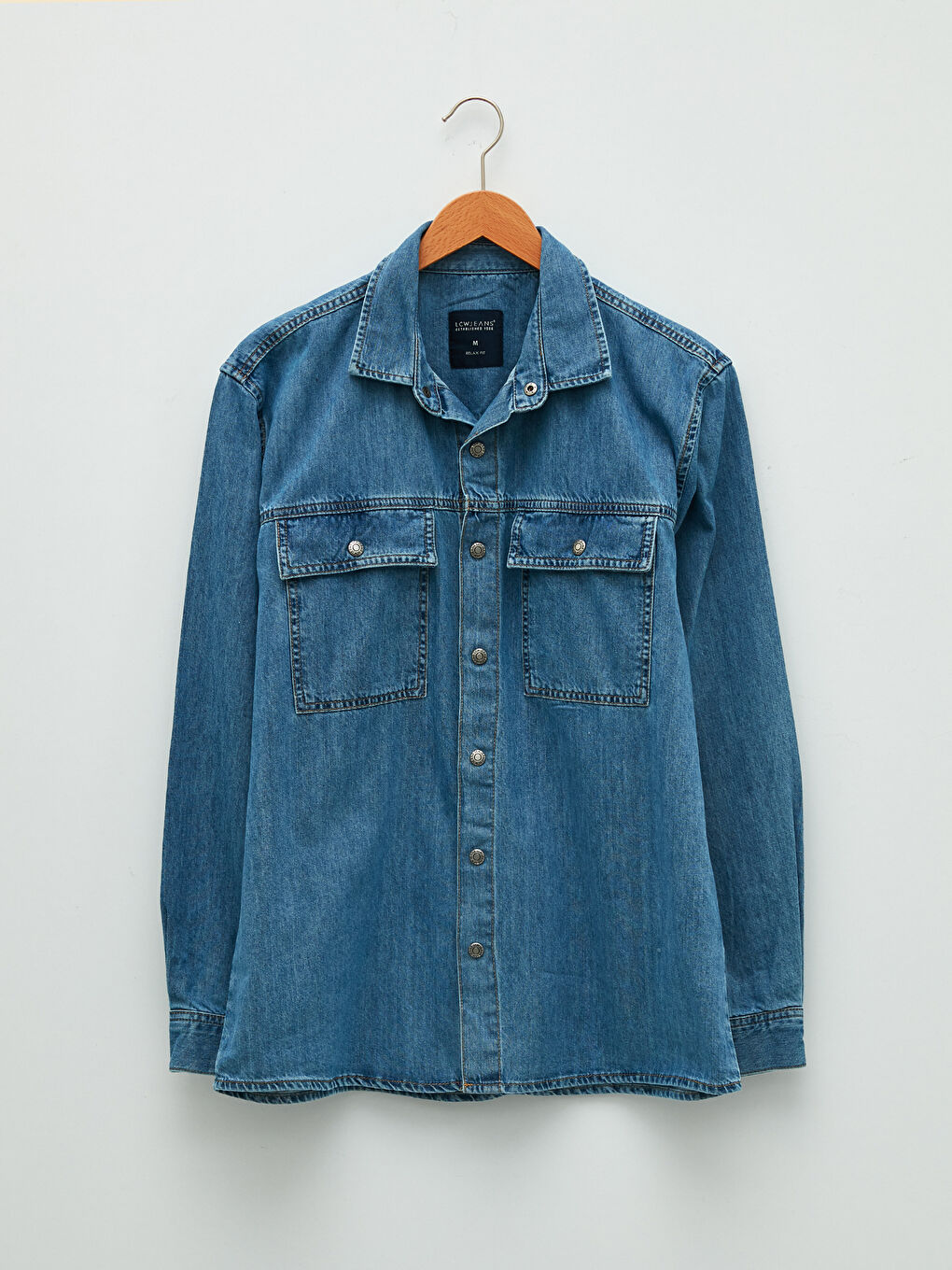 İndigo Rahat Kalıp Uzun Kollu Erkek Jean Gömlek-5