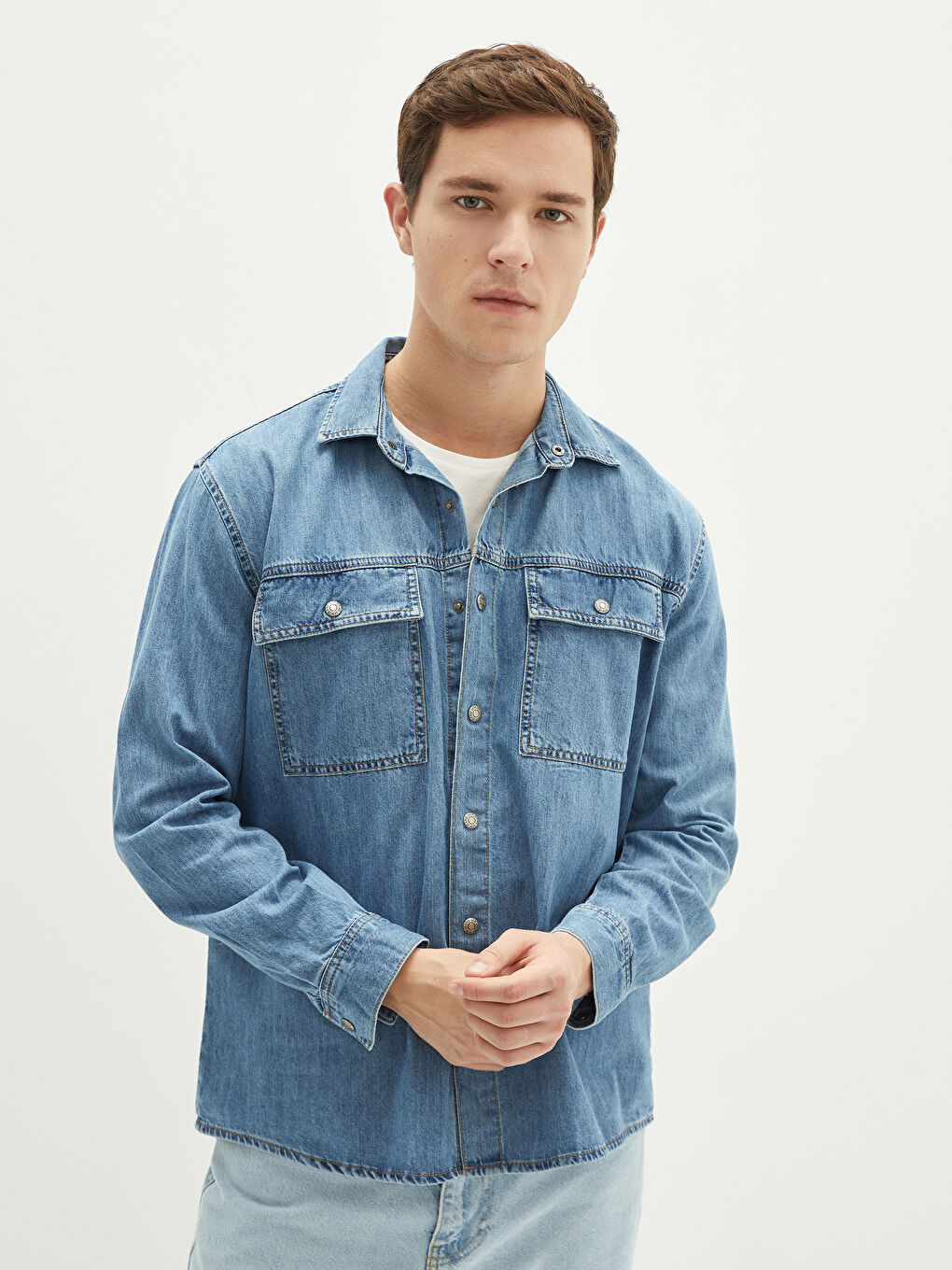 İndigo Rahat Kalıp Uzun Kollu Erkek Jean Gömlek-1