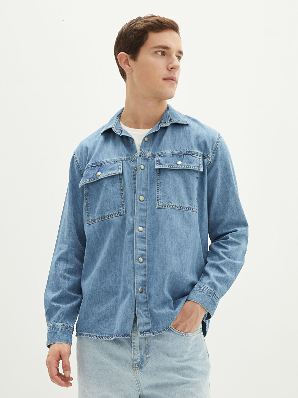 İndigo Rahat Kalıp Uzun Kollu Erkek Jean Gömlek-2