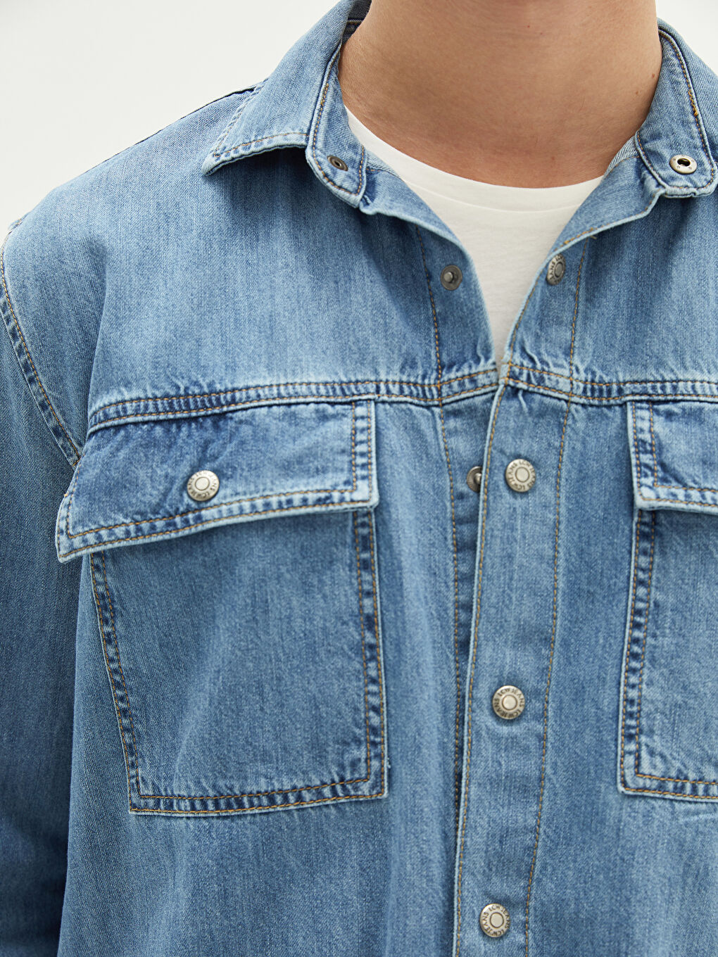 İndigo Rahat Kalıp Uzun Kollu Erkek Jean Gömlek-3