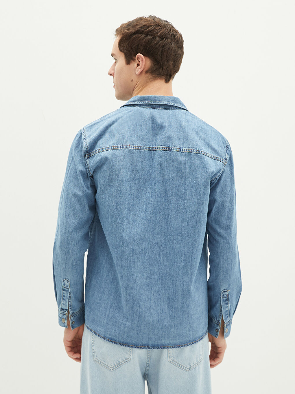 İndigo Rahat Kalıp Uzun Kollu Erkek Jean Gömlek-4