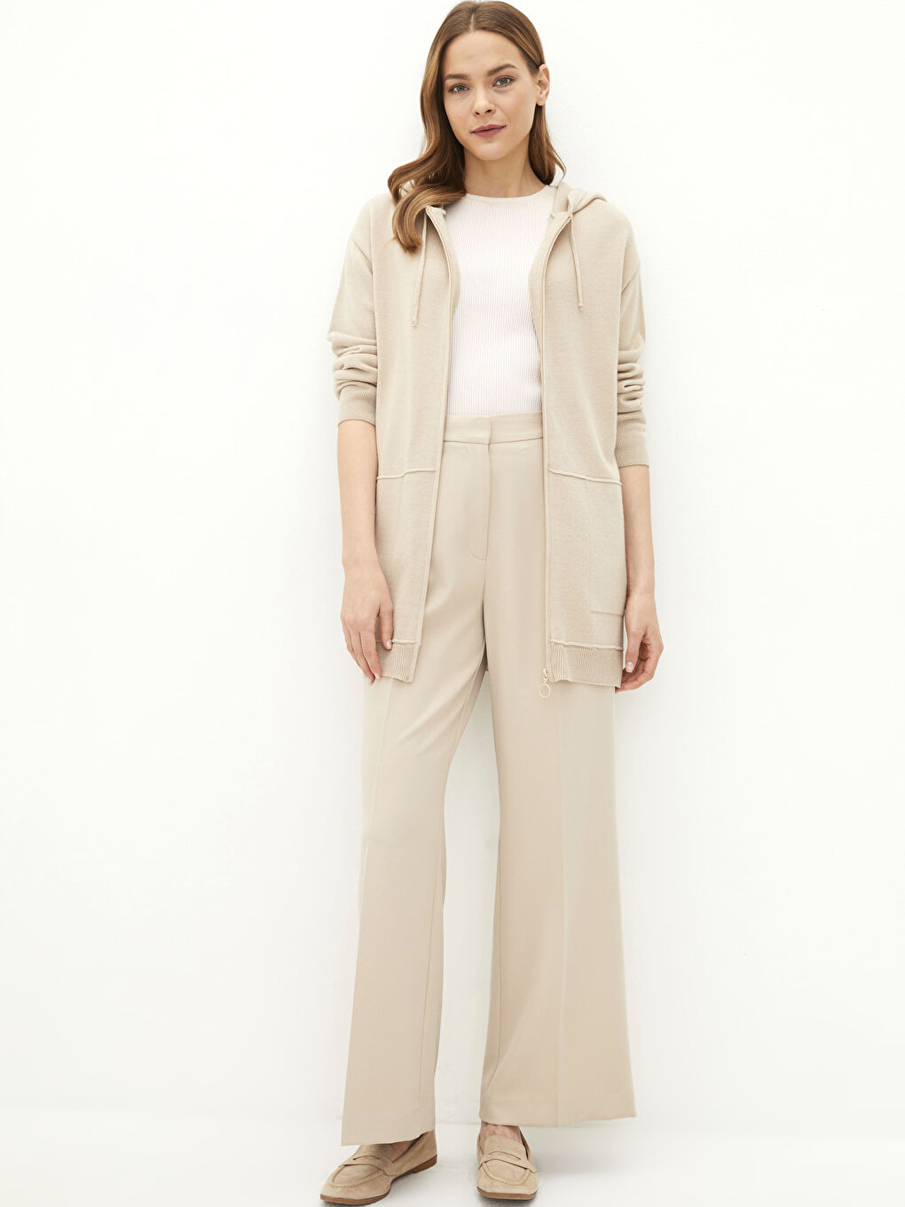 Bej Kapüşonlu Düz Uzun Kollu Kadın Triko Hırka-2