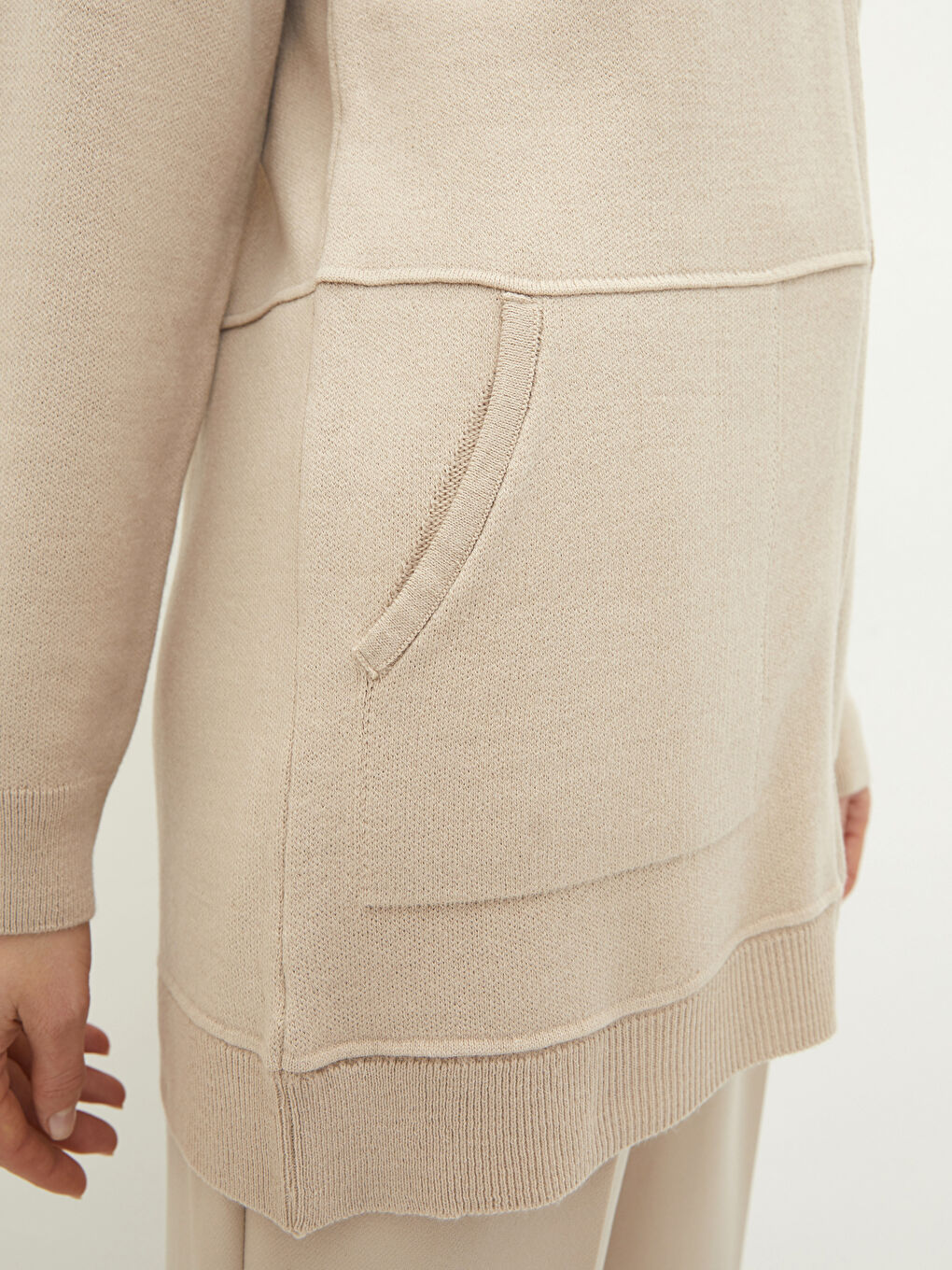 Bej Kapüşonlu Düz Uzun Kollu Kadın Triko Hırka-3