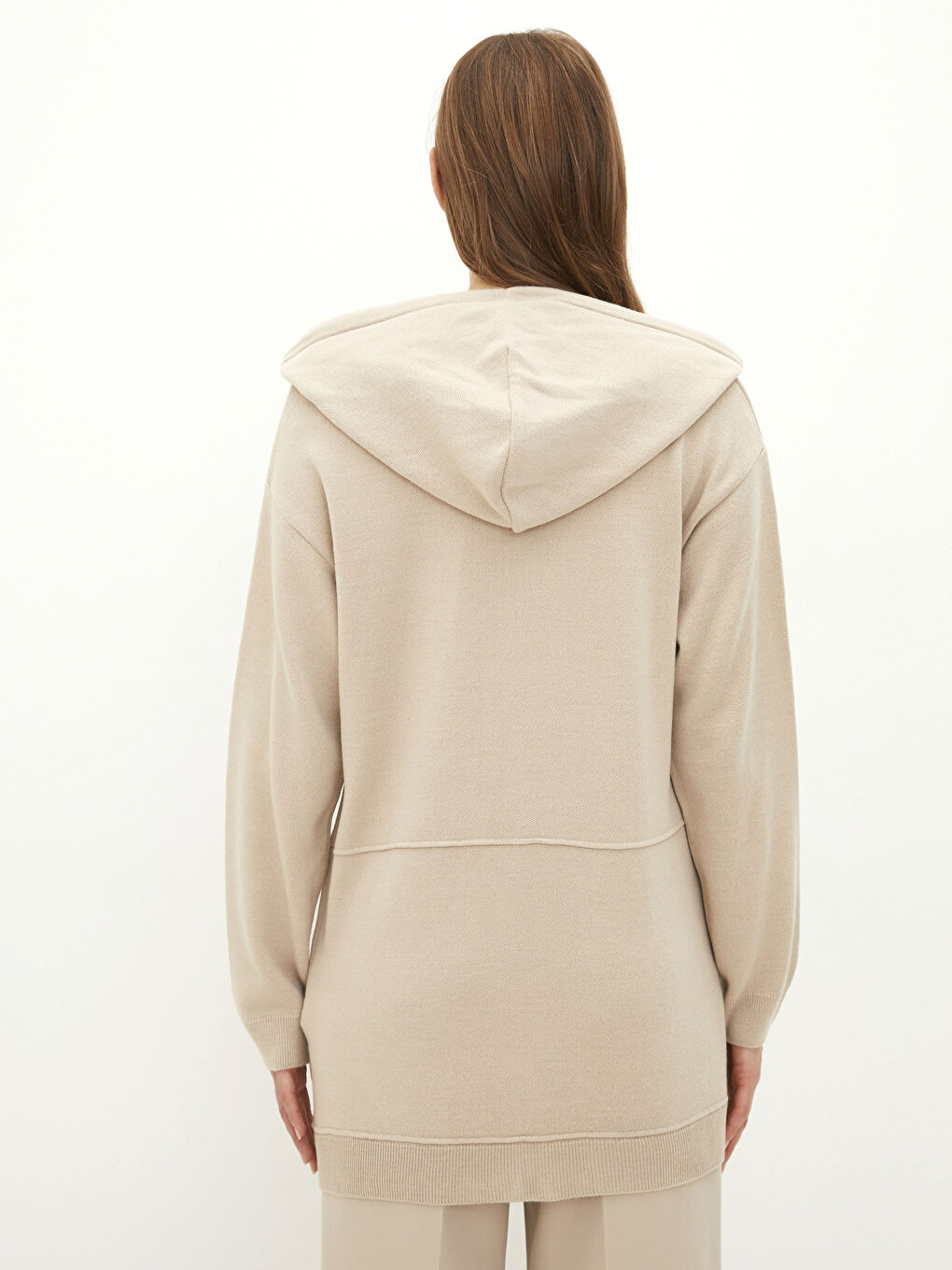 Bej Kapüşonlu Düz Uzun Kollu Kadın Triko Hırka-4