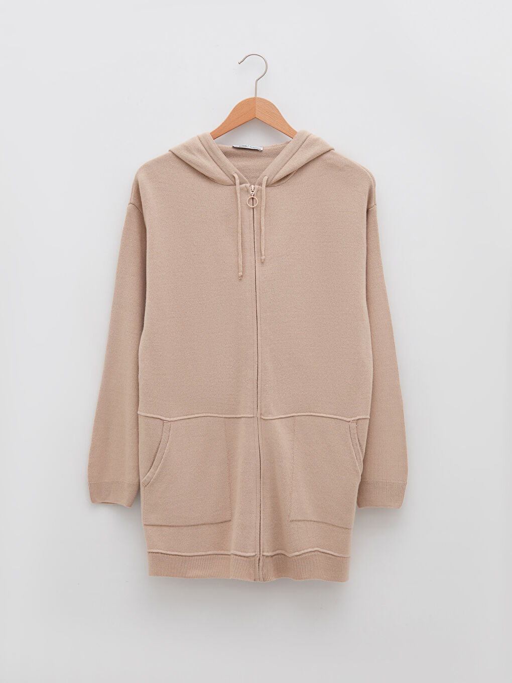 Bej Kapüşonlu Düz Uzun Kollu Kadın Triko Hırka-5