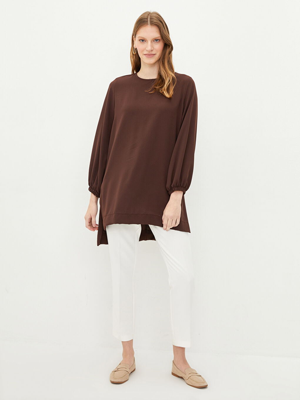 Crew Neck Plain Long Sleeve Women's Tunic-1