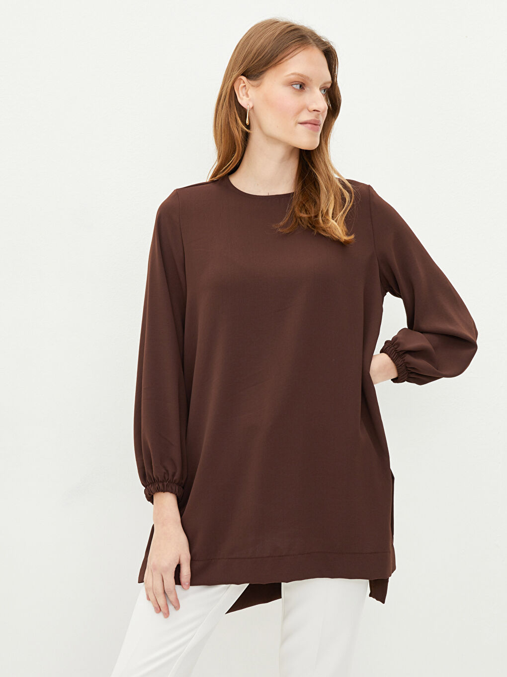 Crew Neck Plain Long Sleeve Women's Tunic-2