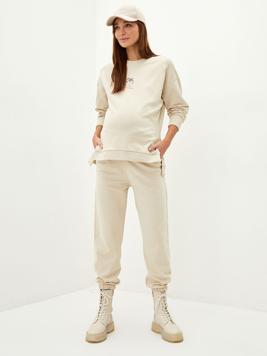 Bej Beli Lastikli Düz Cep Detaylı Hamile Jogger Eşofman Altı