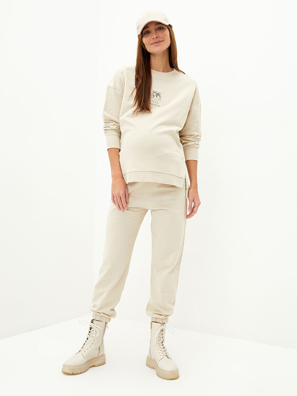 Bej Beli Lastikli Düz Cep Detaylı Hamile Jogger Eşofman Altı-1